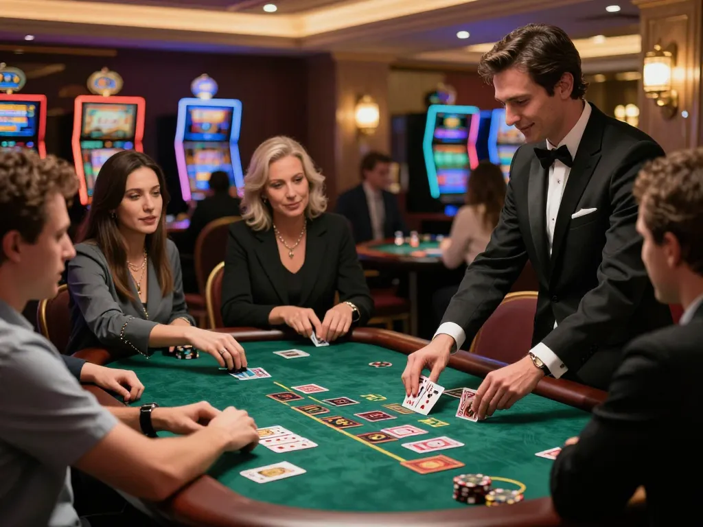 Players enjoying blackjack at https://9bet9.in.net with a dealer managing the game in a luxurious casino setting.