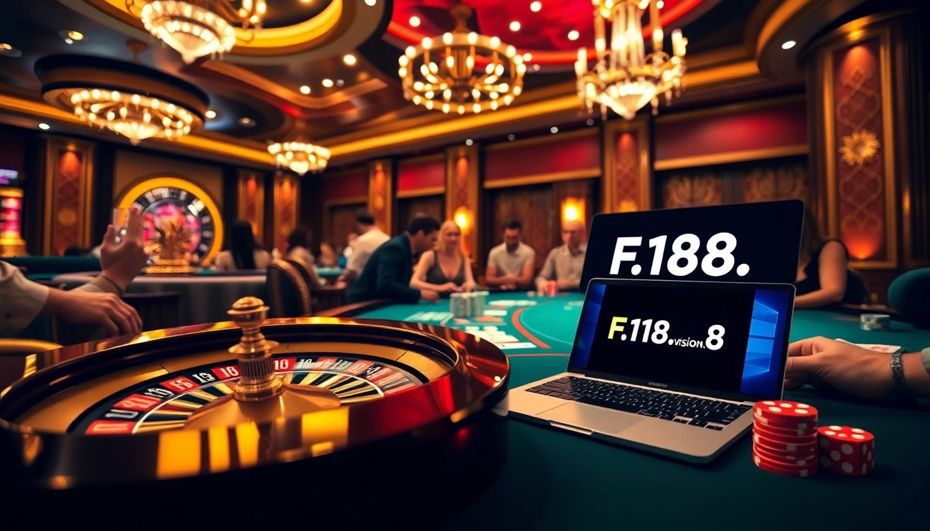 Engaging gambling scene at F168.vision with players at a roulette wheel and poker table.