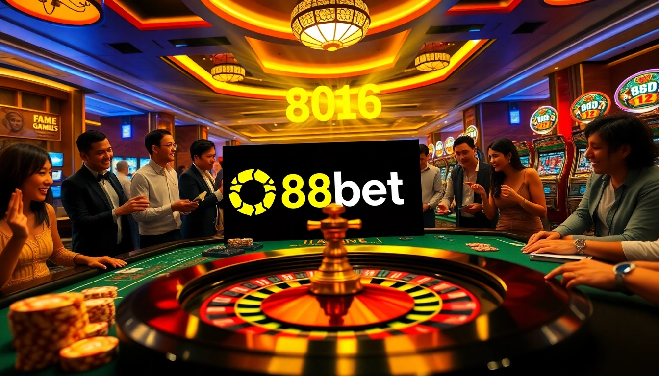A dynamic gambling scene at 88bet showcasing poker chips, a roulette wheel, and excited players.