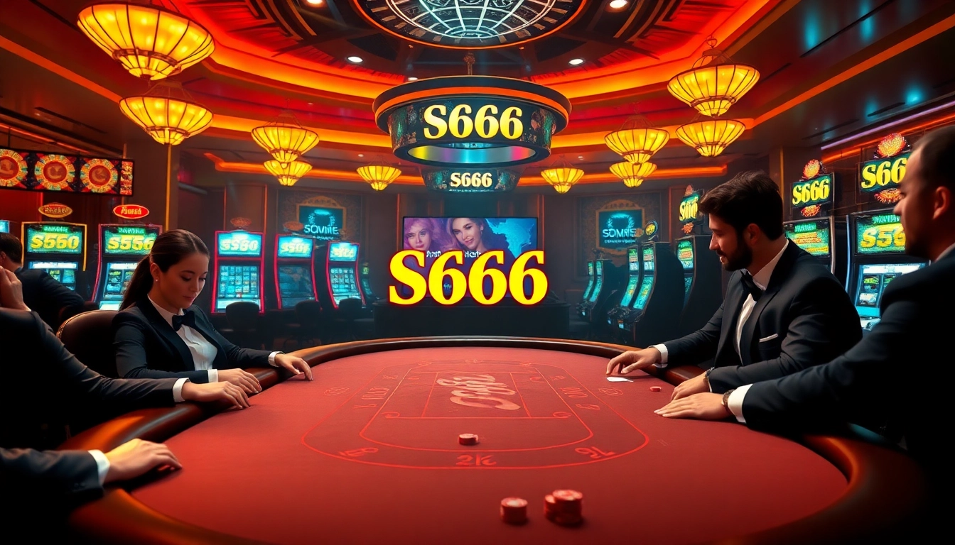 S666 platform showcased in a luxurious casino with vibrant poker table action and colorful slot machines.