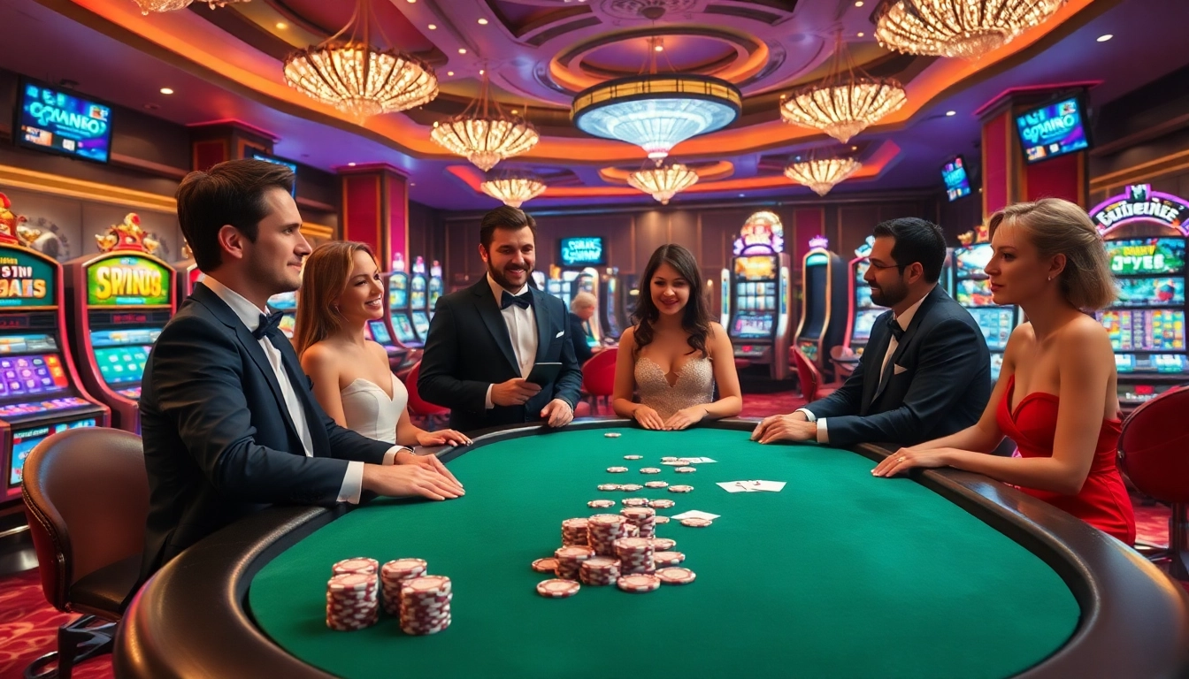 Players enjoy a thrilling poker game at a luxurious casino, inspired by https://188v.bz/.