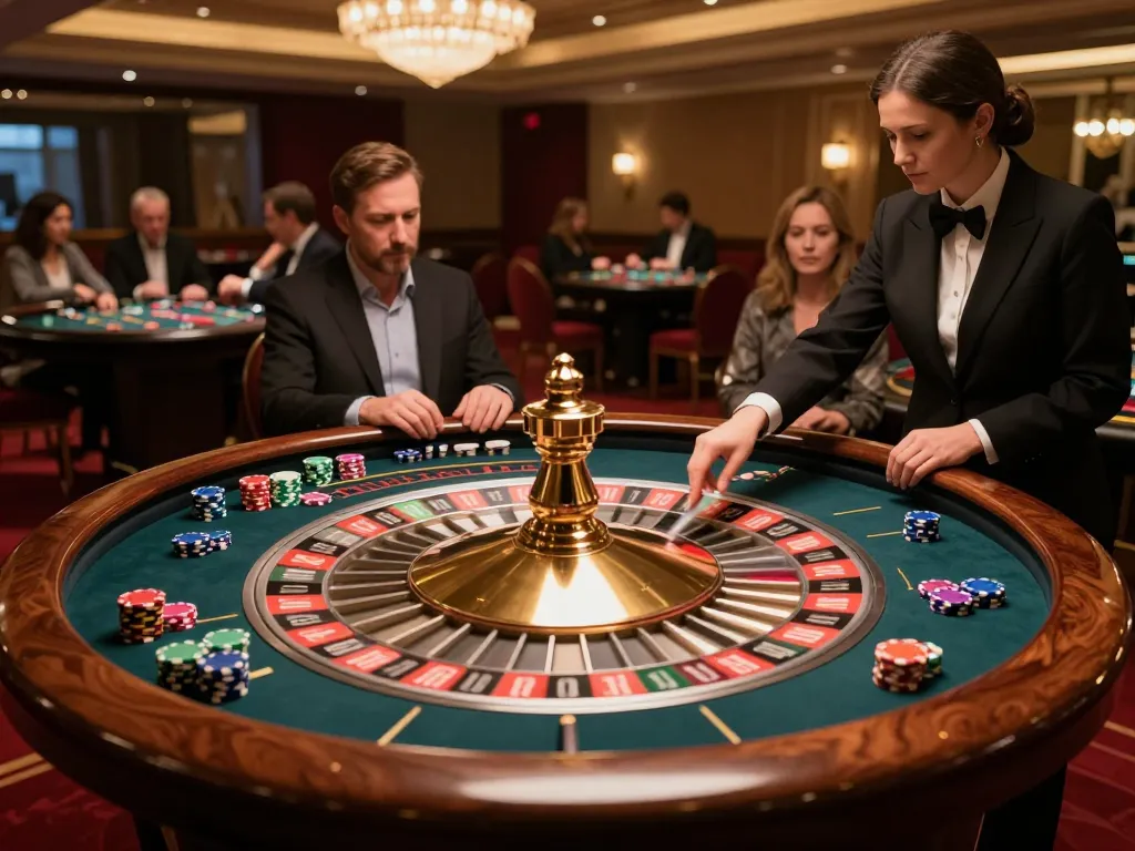 Placing bets at a roulette table at https://dabet39.net/ in a luxurious casino environment.