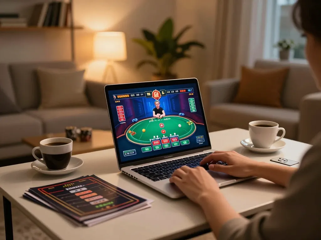 Engaging in online poker gameplay at home on vin777 platform, showcasing strategic decision-making in a cozy environment.