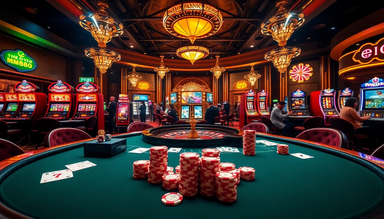 Experience the excitement of MM88 with a luxurious casino scene featuring poker, roulette, and vibrant slot machines.