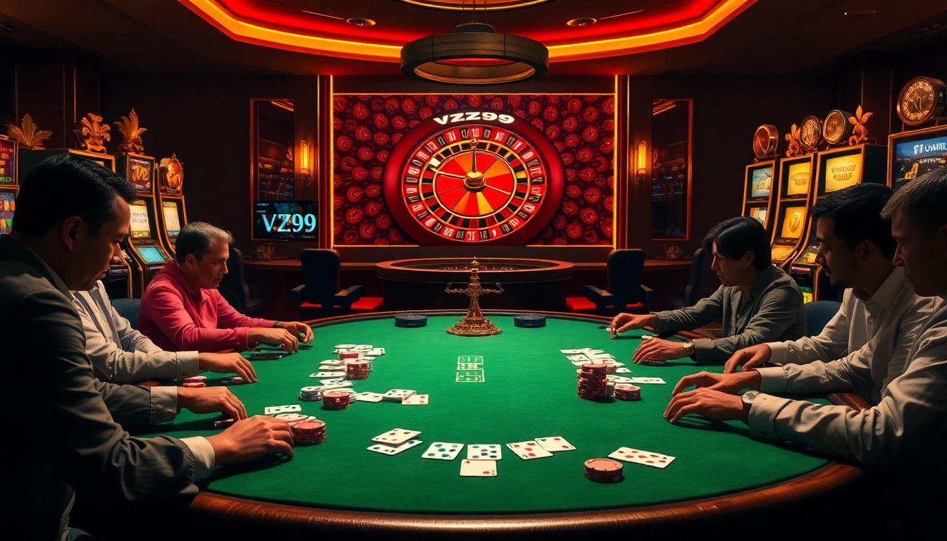 Players enjoying a lively game of poker at VZ99 online casino, surrounded by colorful slot machines.