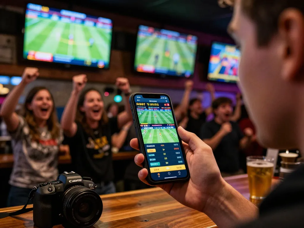 Engaging in mobile sports betting on god55 amidst a lively sports bar atmosphere