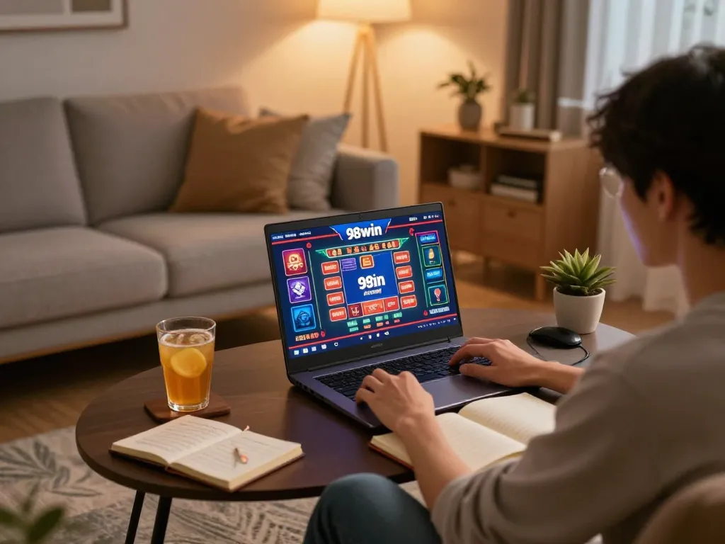 Engaged player enjoying 98win on their laptop, emphasizing strategic online gaming.