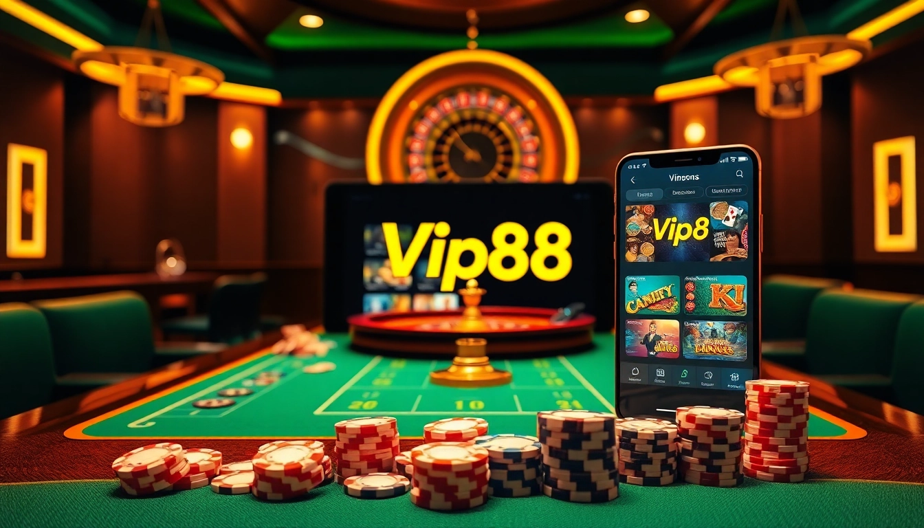 Action-packed scene with the Vip88 logo, poker chips, and a vibrant gaming table.