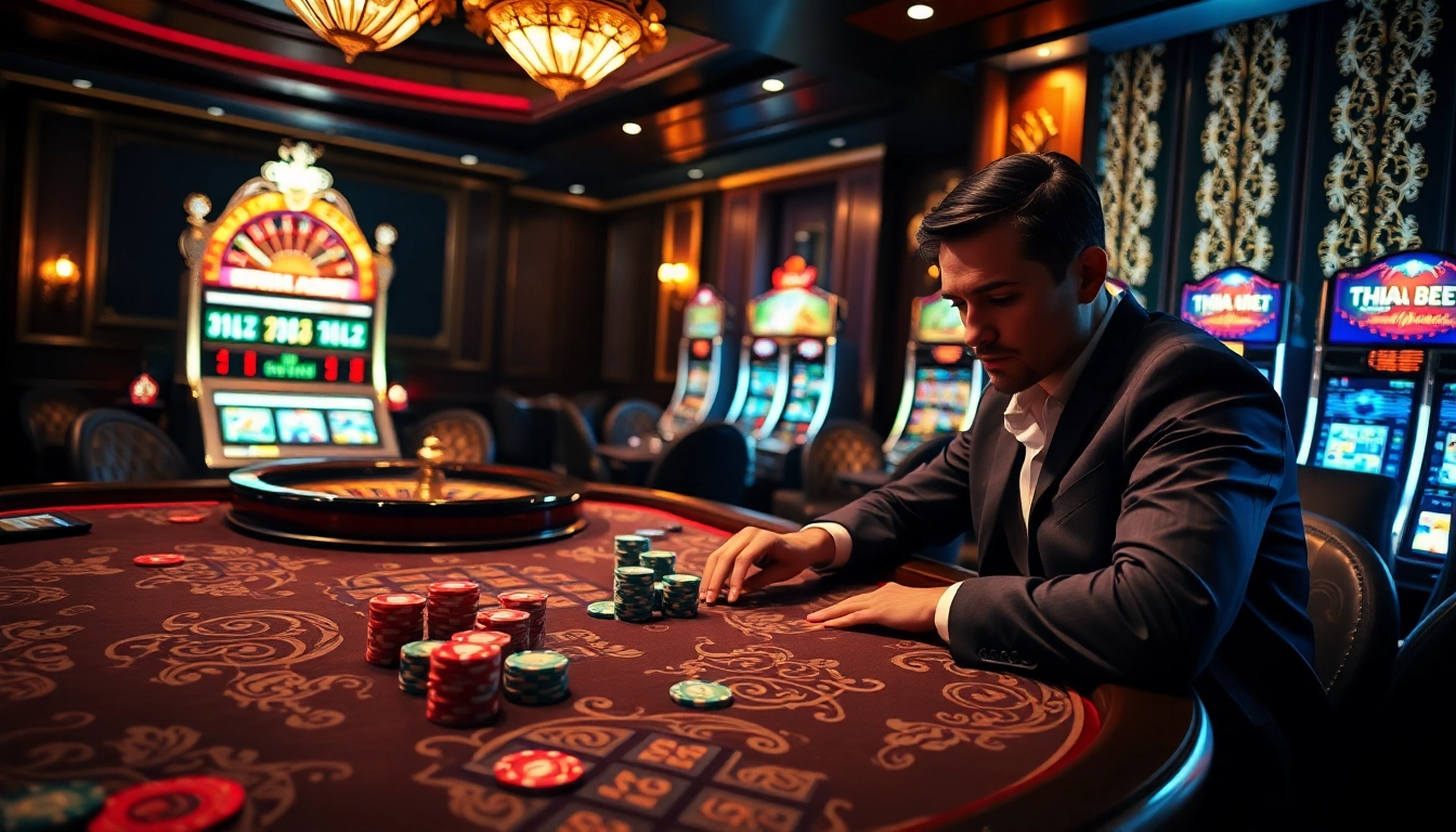 THABET casino scene featuring a vibrant gaming table and poker chips.