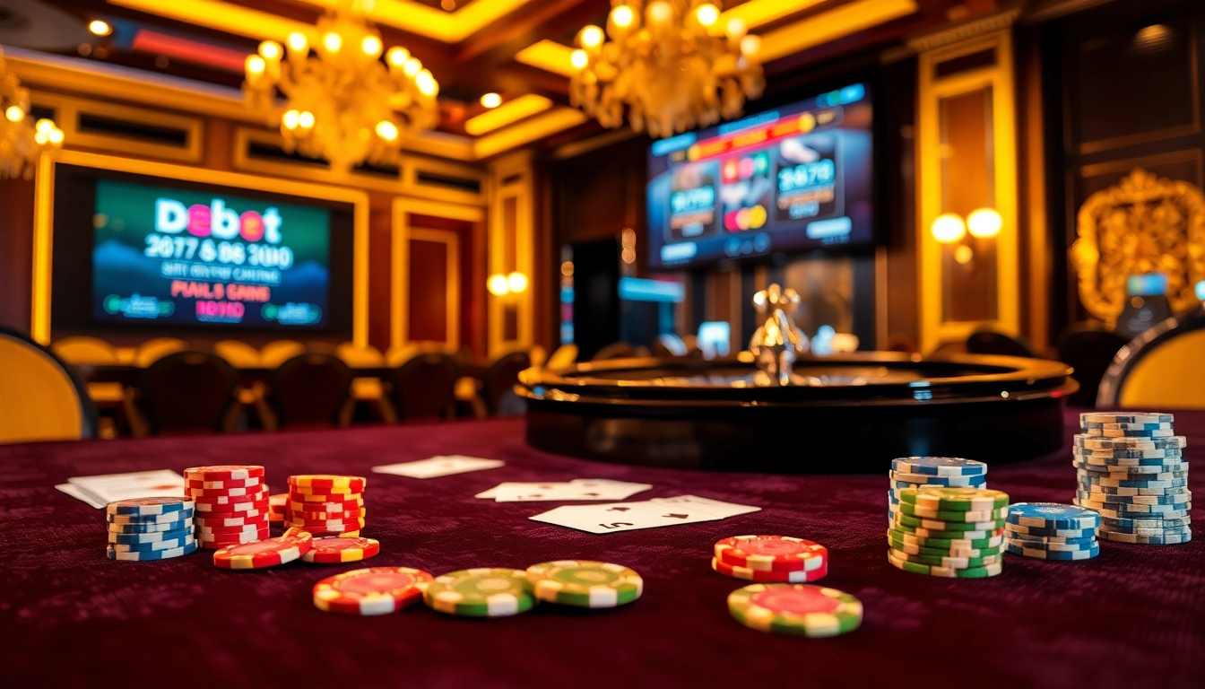 Experience thrills at https://debet.br.com/ with vibrant gaming tables, poker chips, and roulette wheels.
