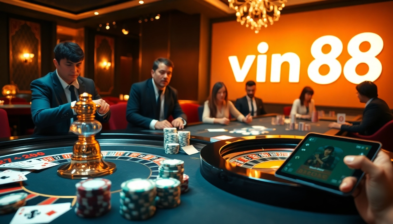 vin88 players enjoying a thrilling game at a luxurious casino with roulette and poker chips.