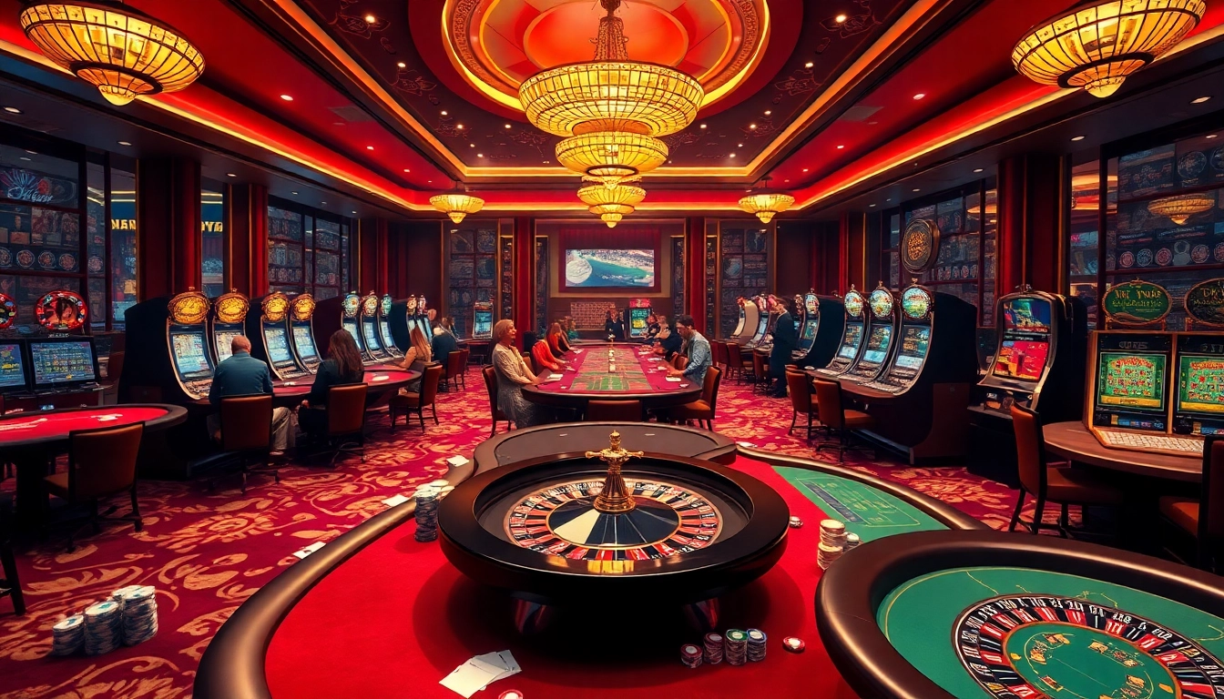 A vibrant casino scene highlighting bet88 com with players engaged at poker tables, roulette wheels, and slot machines.
