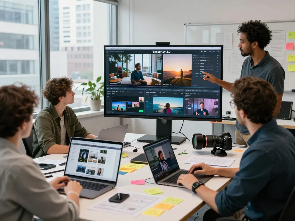 Video creators collaborating on AI-generated projects using seedance 2.0 in a modern studio environment