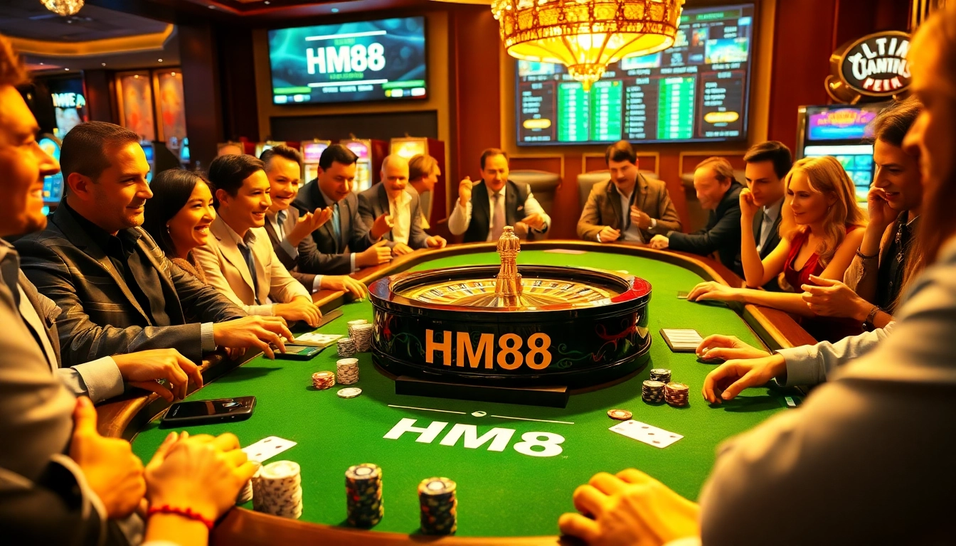 Players enjoy a thrilling game at the HM88 branded poker table in a luxurious casino atmosphere.