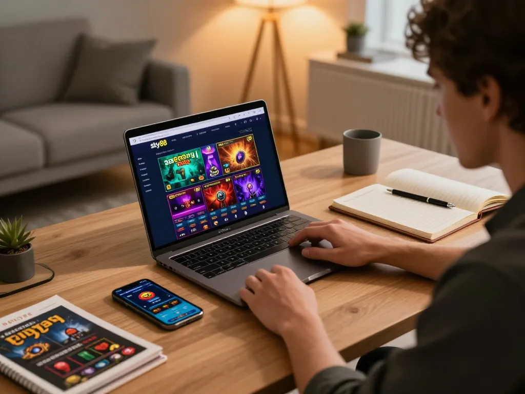 Engaging in strategic gameplay on sky88's online gambling platform in a modern home office setting.
