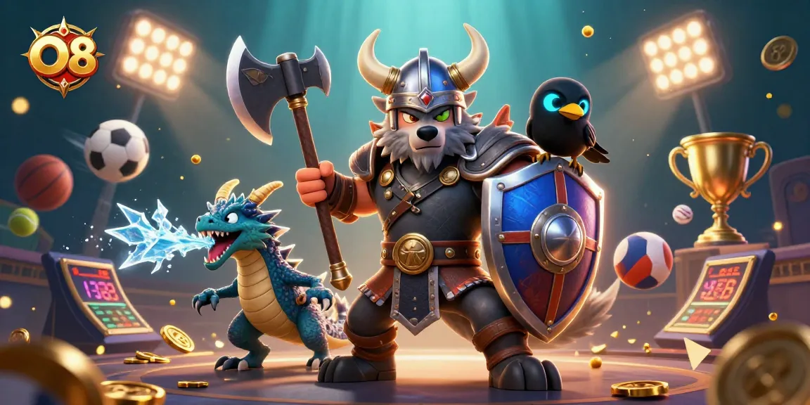 Experience thrilling O8 gaming with striking Viking warriors and mystical creatures amidst vibrant casino elements.