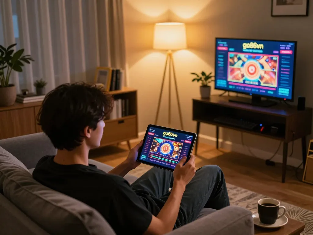 Engaging with go86vn online casino on a tablet in a stylish home setting, illustrating modern gaming