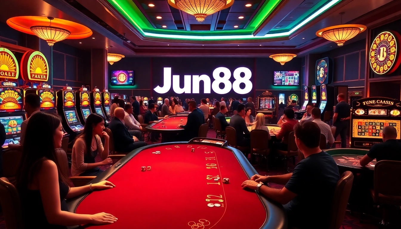 Players win prizes at Jun88 casino tables surrounded by colorful slot machines.
