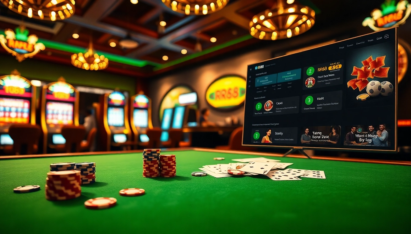Exciting RR88 online gambling scene with poker chips and vibrant casino interface.