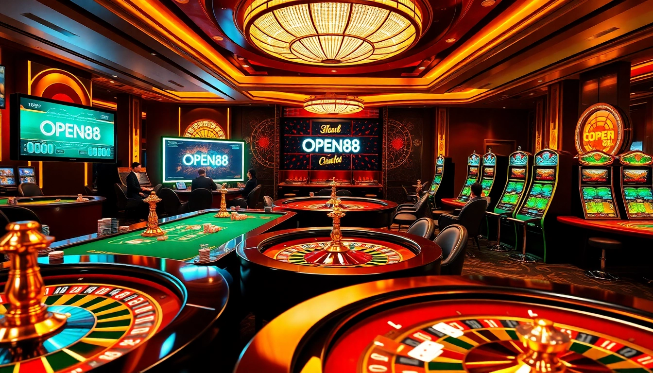 Players enjoying a vibrant casino experience with OPEN88 branding amid poker tables and slot machines.
