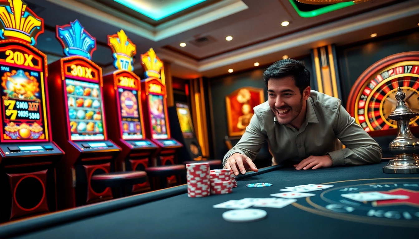 Gambler engaging with vibrant slot machines at https://888vnd.space/, showcasing the thrill of betting.