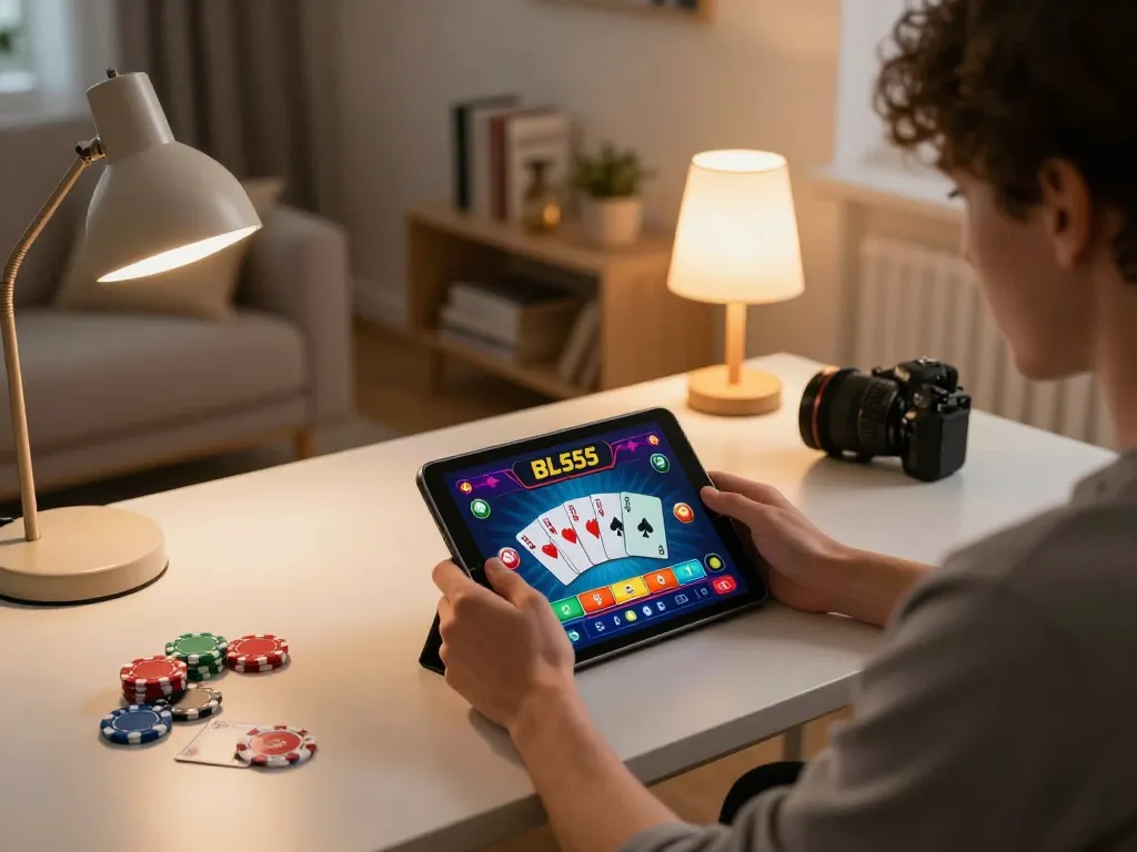 Engaging mobile gaming at home with BL555 betting app on tablet, showcasing poker game excitement in cozy atmosphere.