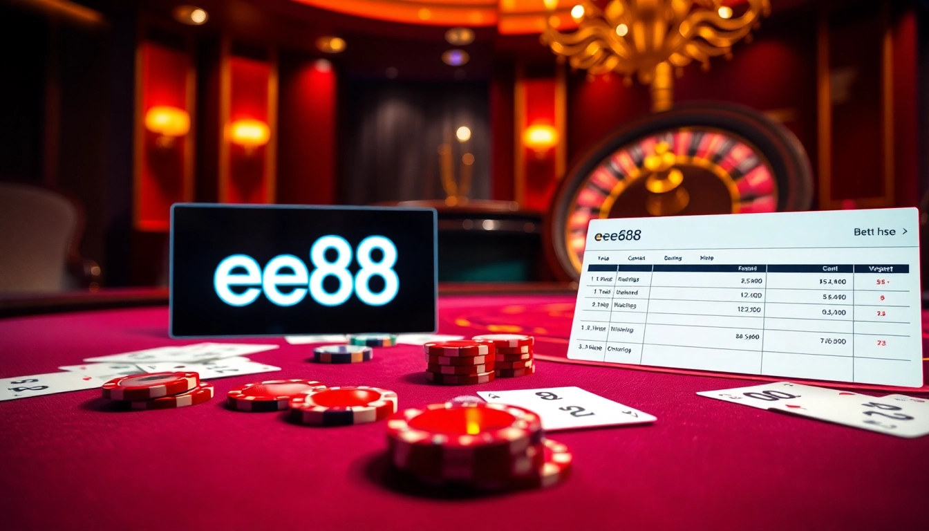 Engaging gameplay at ee88 with poker chips and cards on a luxurious casino table.