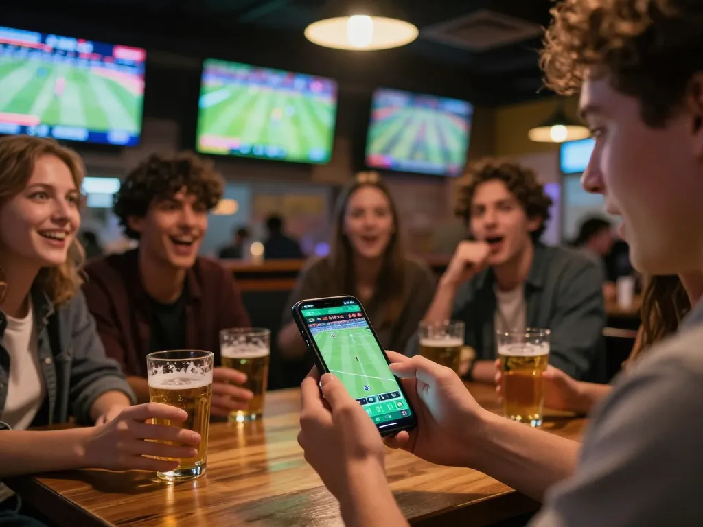 Placing a bet on the 888b sports betting app in an energetic sports bar atmosphere