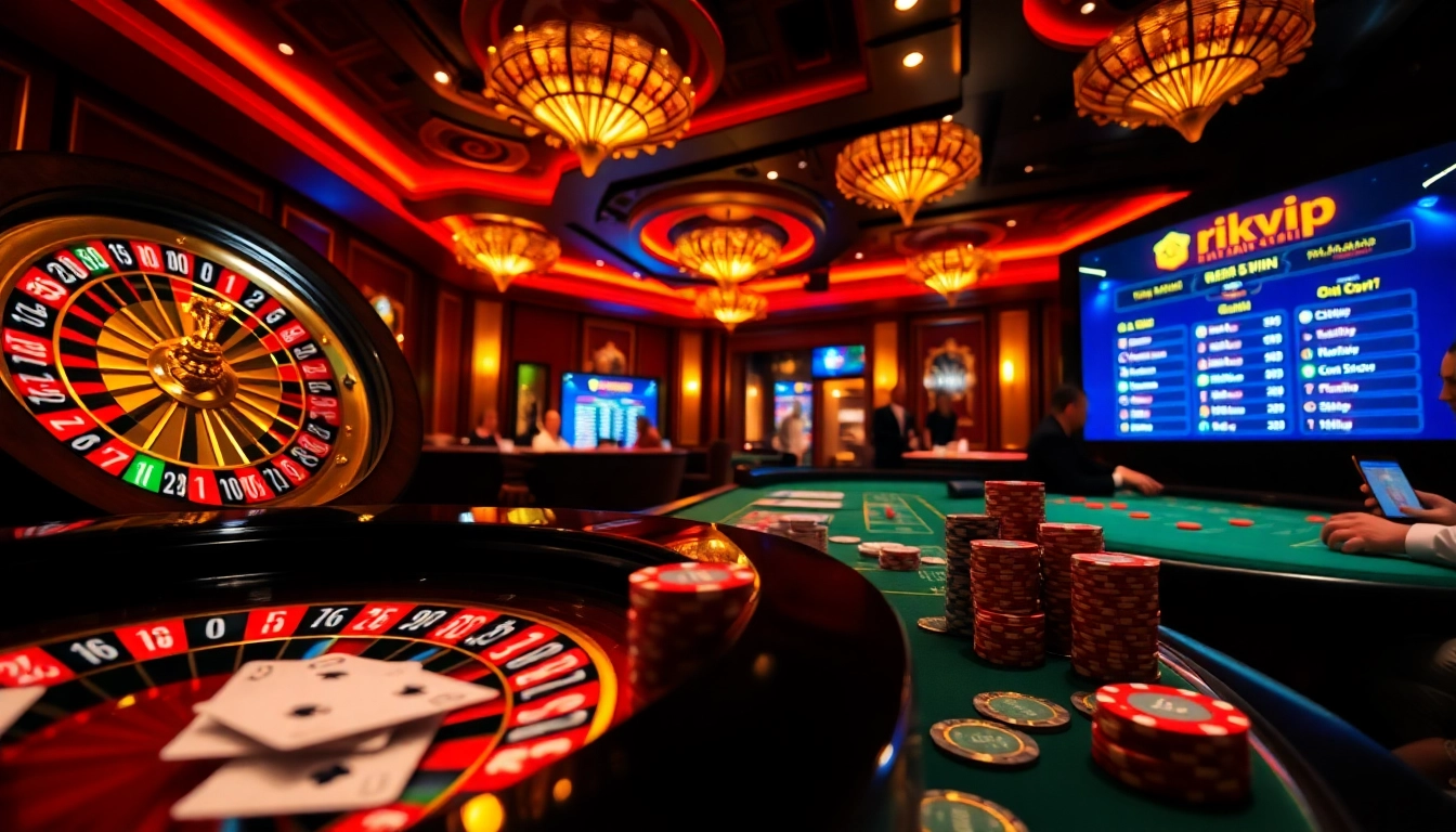 Play thrilling games at rikvip with luxurious casino tables and colorful poker chips.