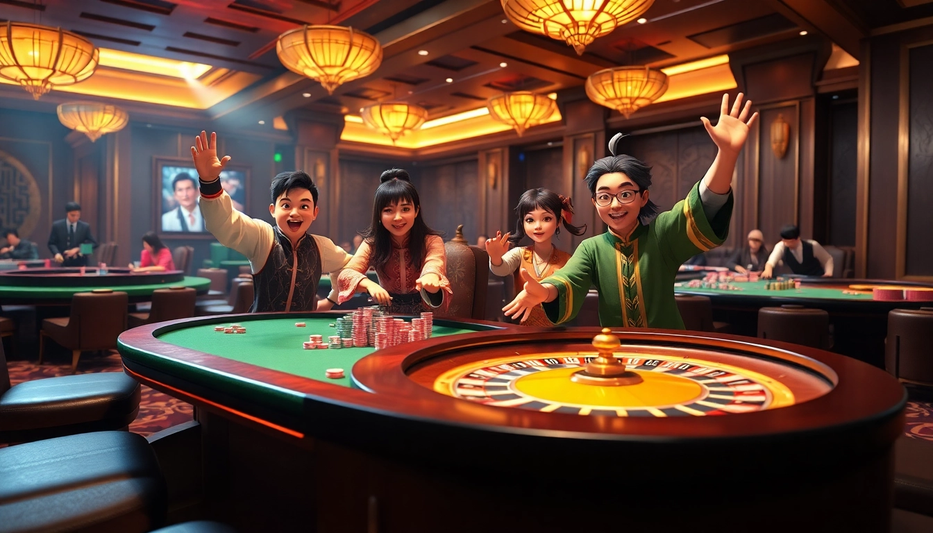 Engaging scene of hoạt hình kungfu characters enjoying casino games, showcasing vibrant poker chips and roulette.