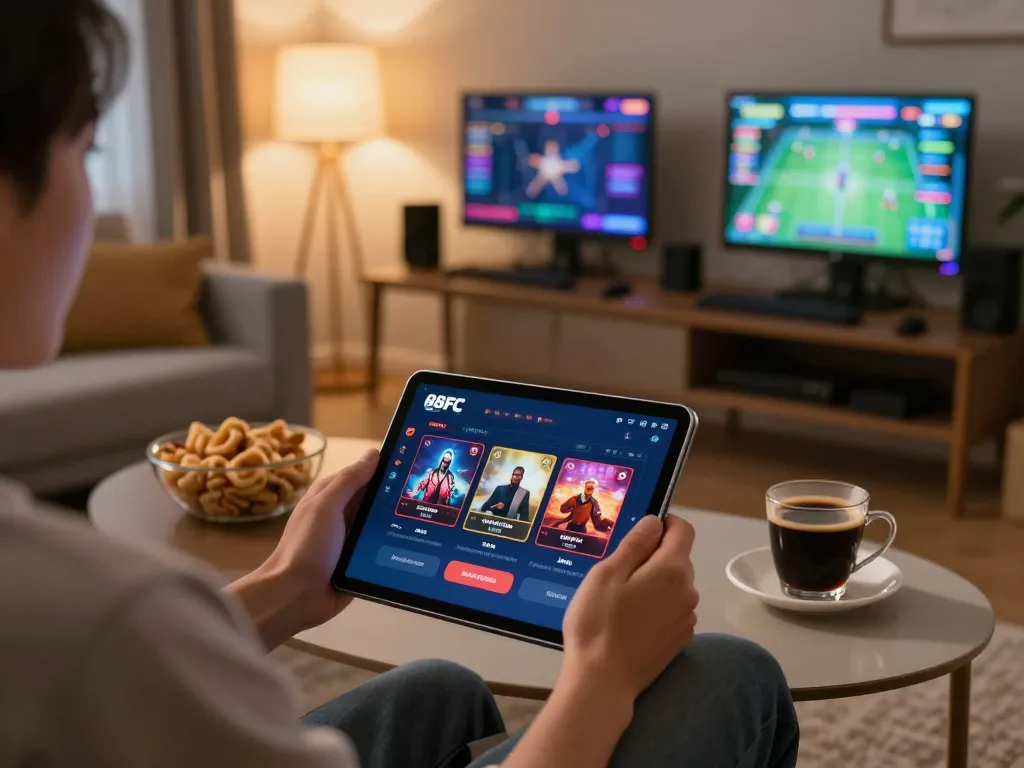 Engaging with the 88FC casino app on a tablet in a cozy home setting, showcasing responsible gaming.