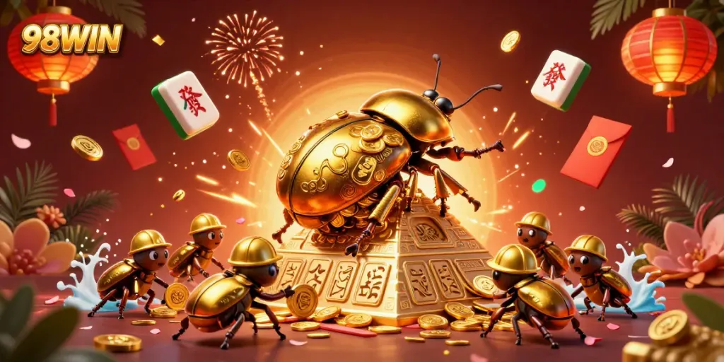 Experience 98WIN with vibrant golden beetles amidst a dynamic casino-themed scene.