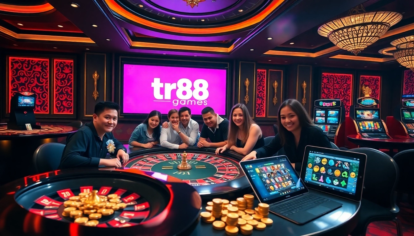 Engaging players in a thrilling tr88 game at a luxury casino with roulette and poker tables.