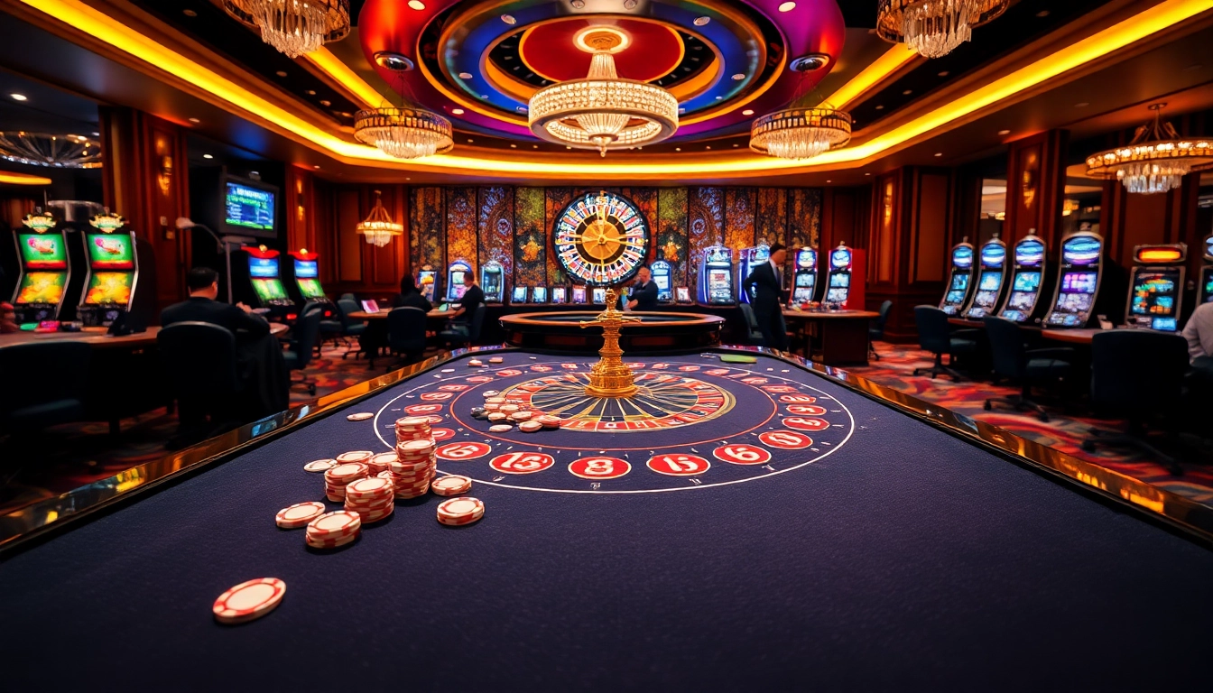 Experience the thrilling games at nhà cái 98win with vibrant casino tables and glowing slot machines.