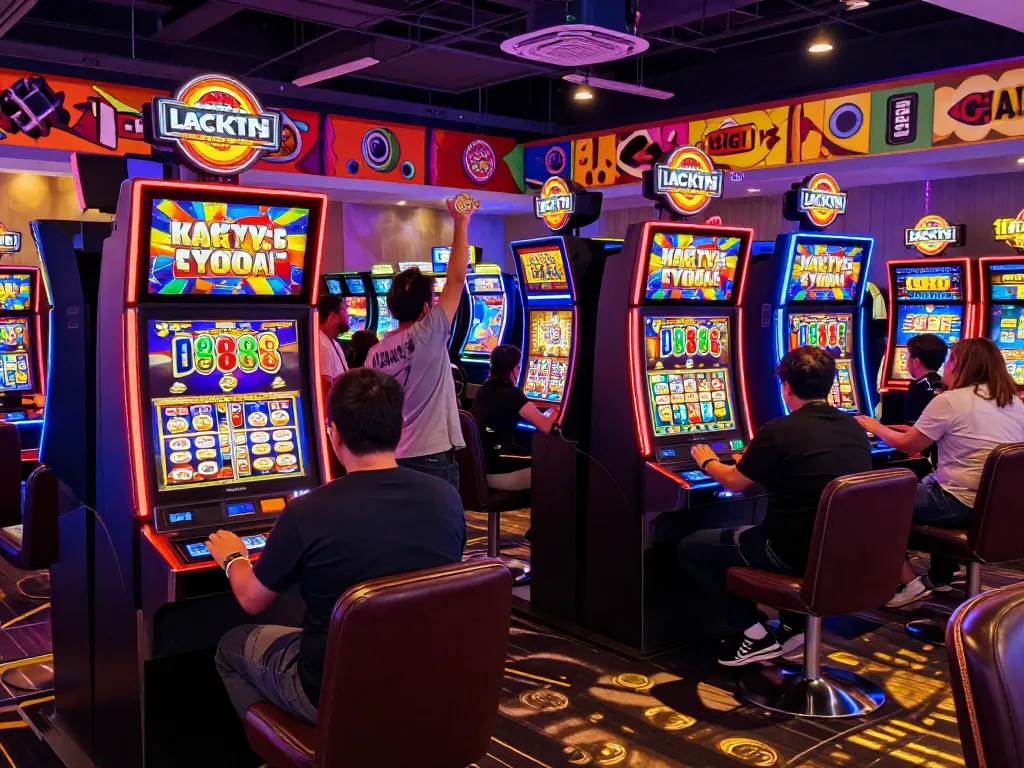 Players enjoying the Lucky 88 slot game in a vibrant casino setting, capturing excitement and energy.