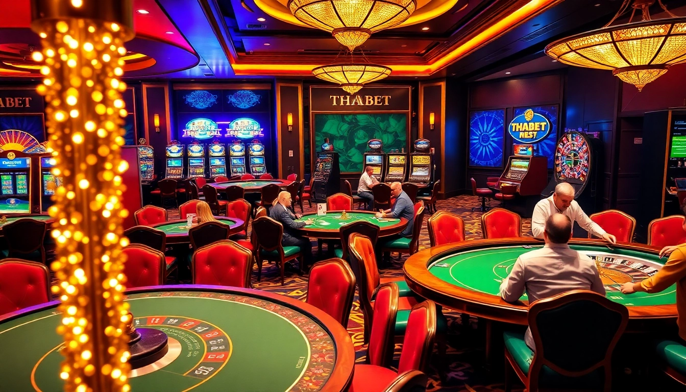 THABET casino scene with players engaging at poker tables, colorful slot machines, and roulette.