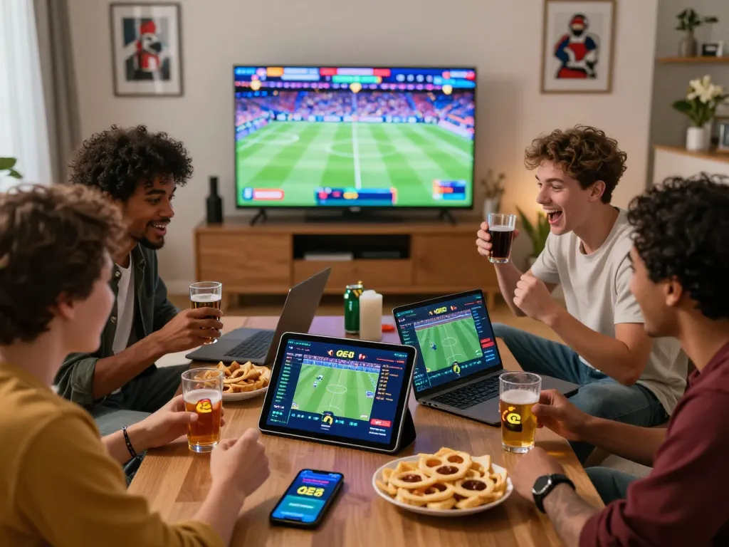 Friends enjoying sports betting on QE8 platform in a vibrant living room.