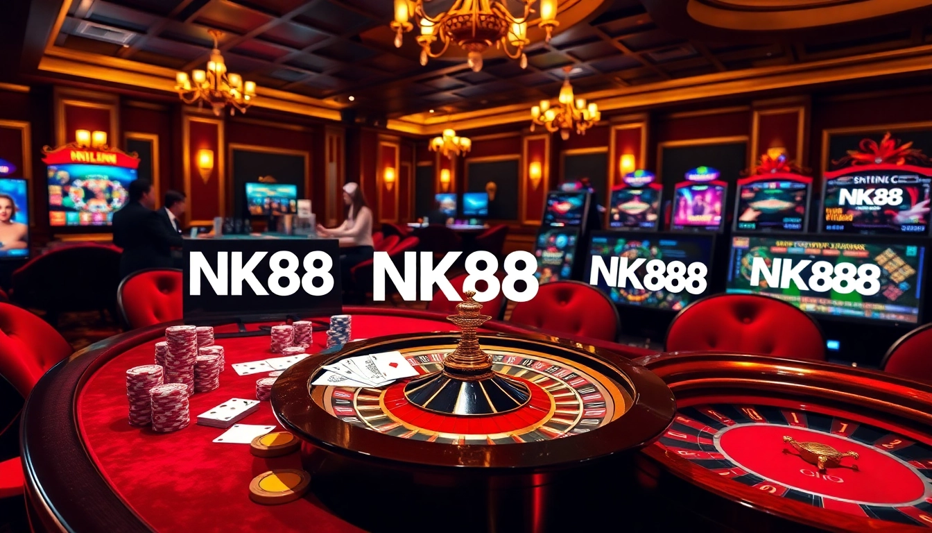 Exciting NK88 casino scene featuring vibrant poker chips, roulette wheel, and professional gamblers.