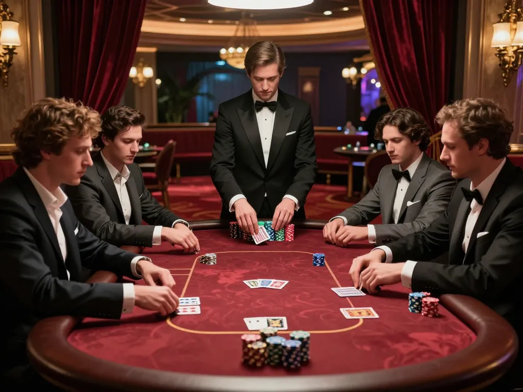 EE88 players strategizing at a high-stakes poker table in an upscale casino.