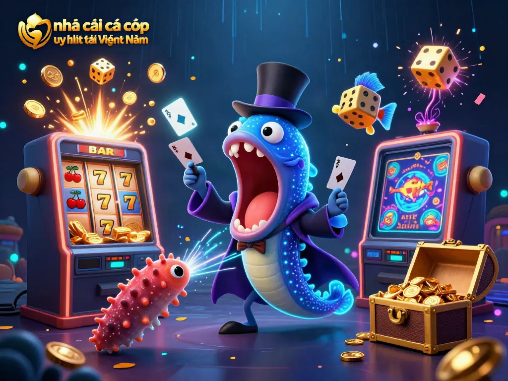 Engaging illustration showcasing nhà cái cá cược uy tín tại Việt Nam with vibrant casino elements and energetic characters.