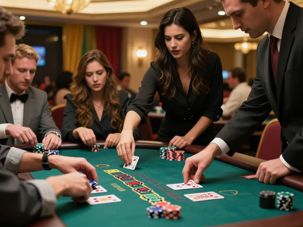 Players enjoying a riveting game of Blackjack at the casino 123B, showcasing intense focus and thrilling atmosphere.