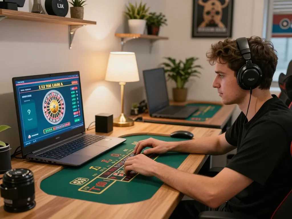 Engaging in online gambling with FIVE88 on a laptop, showcasing a live dealer game.