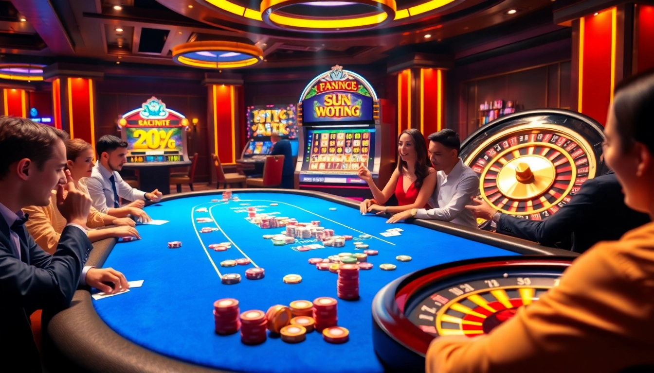 Exciting casino scene with poker players and rich colors highlighting kjcgaming.com, showcasing luxury gambling.
