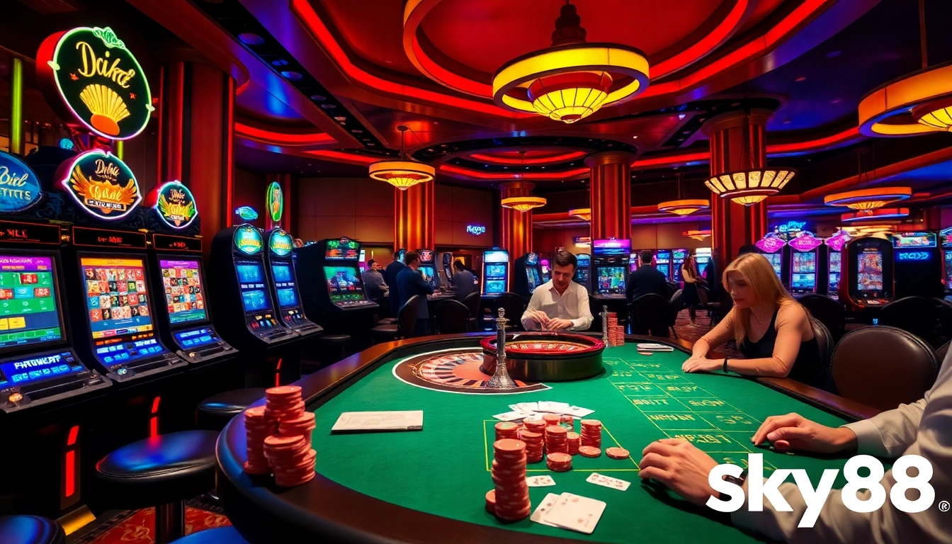 Players enjoying a thrilling game at Sky88 casino with vibrant slot machines and poker tables.