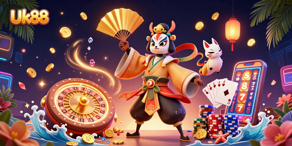 Experience thrilling gameplay with Uk88 and vibrant casino elements in a dynamic 3D illustration.