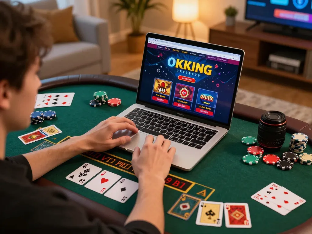A person engaging with the OKKING online casino interface, showcasing responsible gaming in a cozy setup.