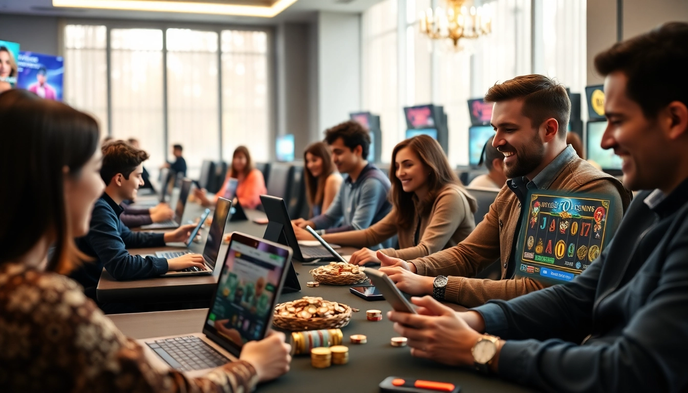 Experience the excitement of 789bet in a vibrant online gambling scene with diverse players engaged in poker and slots.