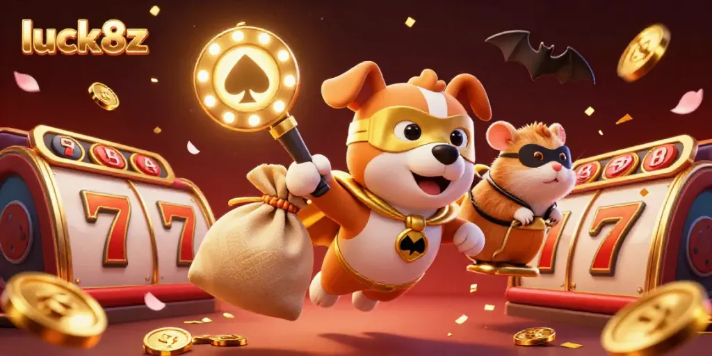 Catch excitement with the luck8z superhero dog and sidekick in a vibrant casino scene.