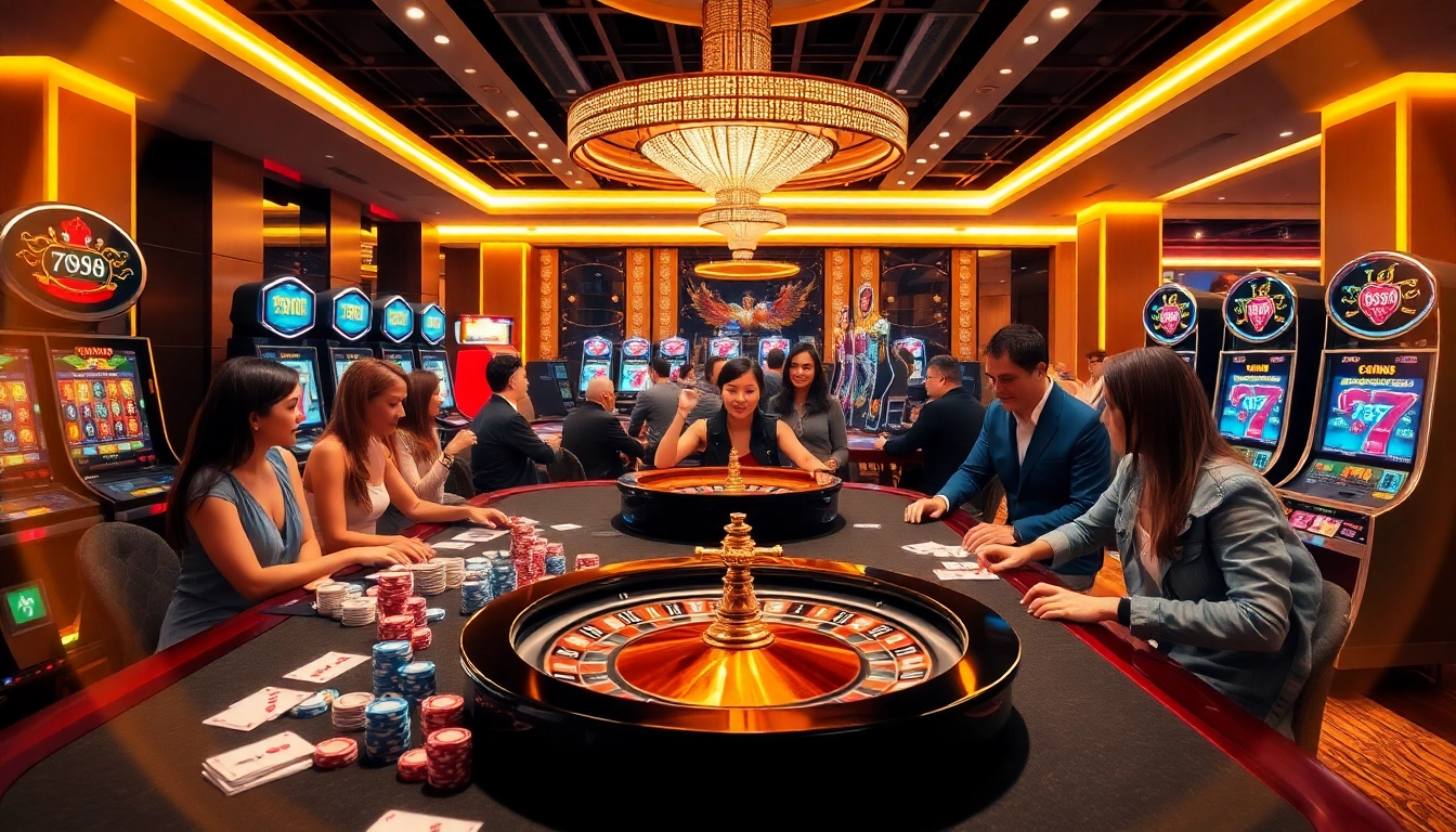 A bustling casino table scene featuring 789bet poker chips and cards amidst vibrant slot machines.
