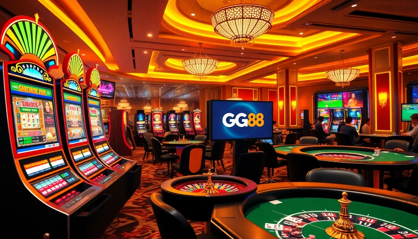 Experience the excitement of GG88 in a vibrant online casino with luxurious gaming elements.